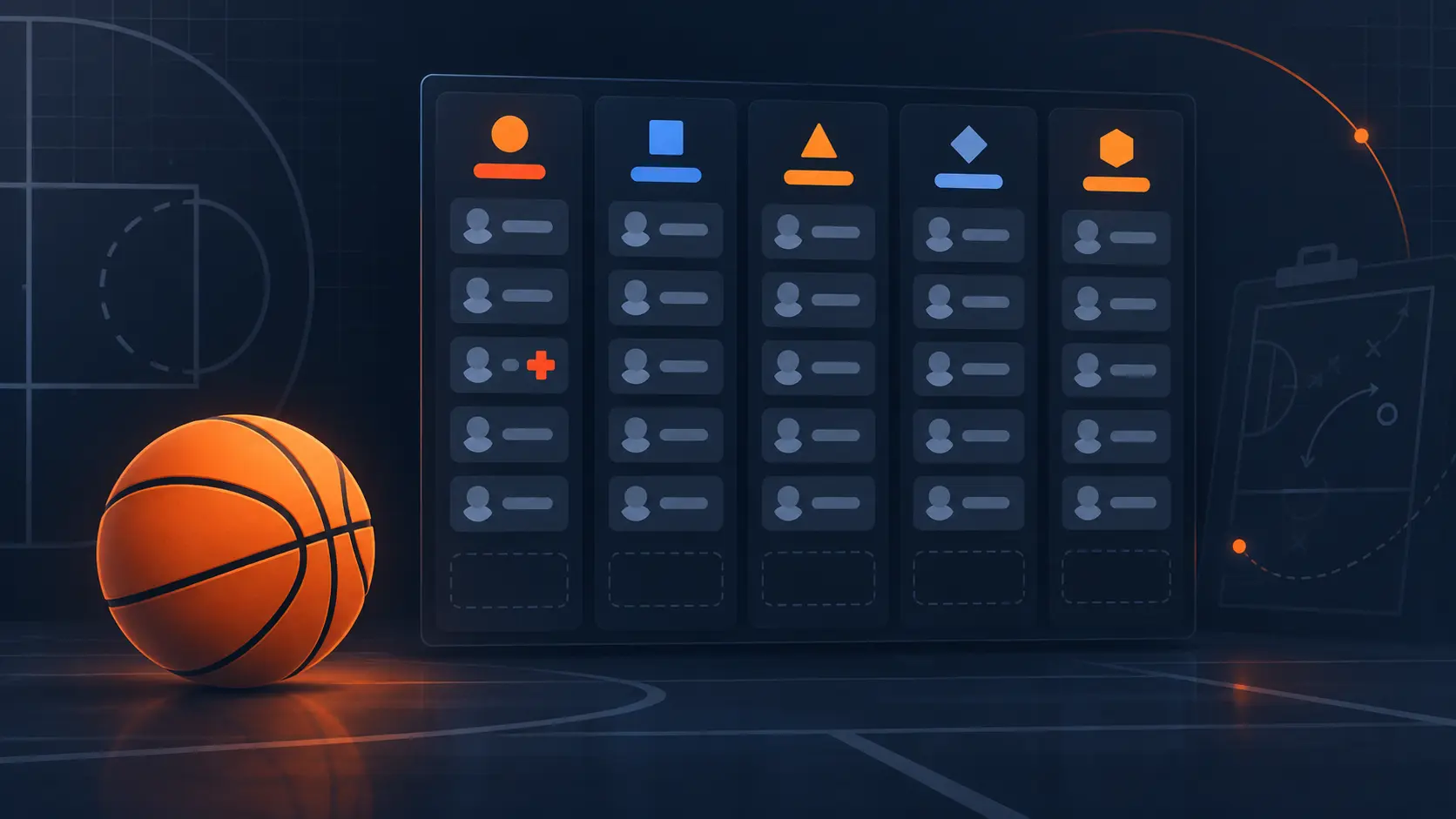 Illustration of an NBA roster page showing depth chart and injury status